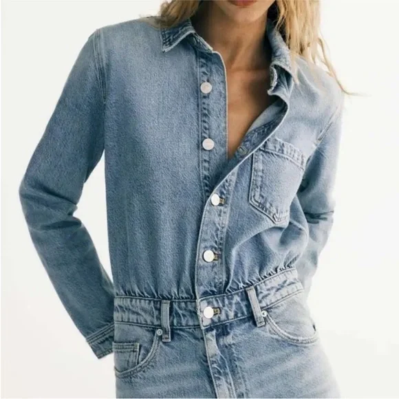 Zara Denim Longsleeve Button Front Jumpsuit - Picture 8 of 13